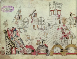 Kriegsgefangene, die dem Sonnengott geopfert werden, aus einem aztekischen Kodex (nach der Eroberung, 1519)